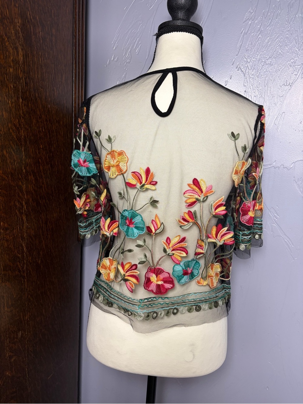 SHEIN Embroidered Floral Mesh Crop Top - Black with Multi-Color Flowers - Picture 2 of 3